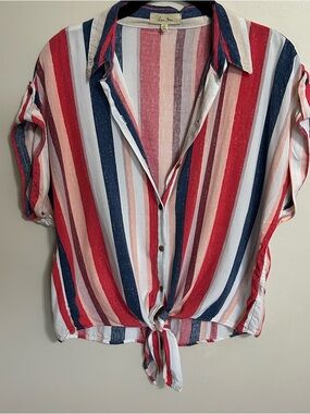 Love Notes Striped Tie-Front Button Shirt L | Coastal Boho